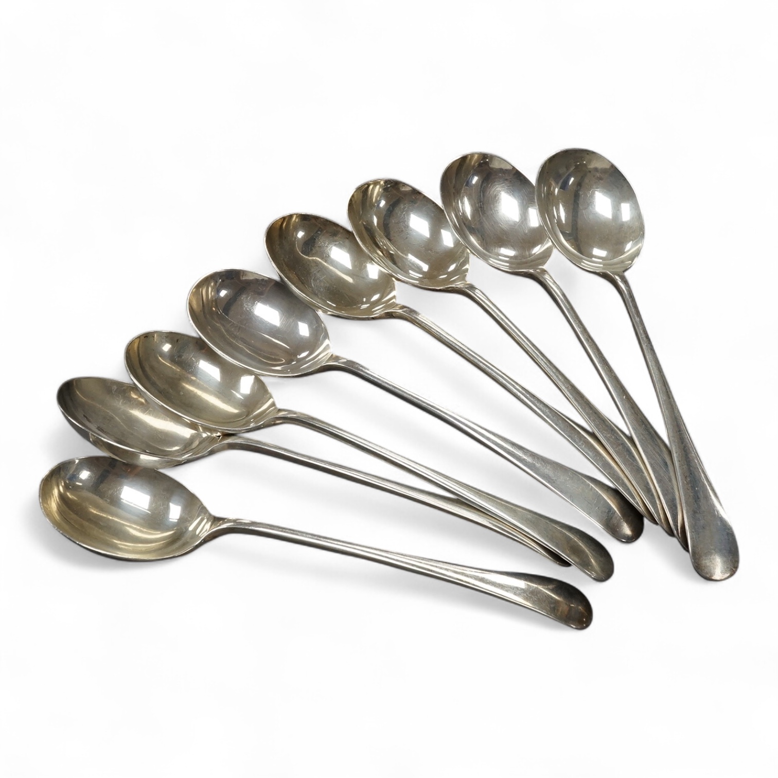 A modern set of eight silver Old English pattern soup spoons, Francis Howard Ltd, Sheffield, 1971, 19.8cm, 19.3oz. Condition - fair to good